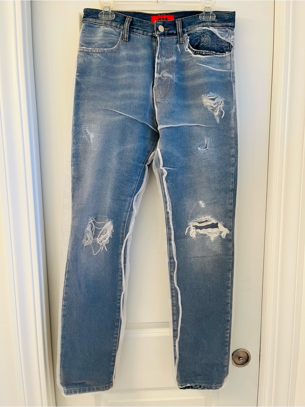 424 Men’s Mesh Covered Designer Sheer Organza Overlay Distressed Statement Jeans